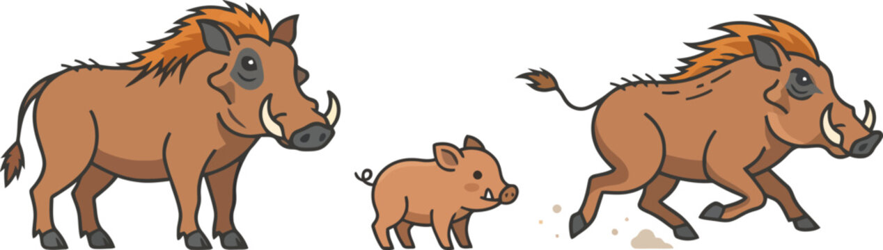 Cartoon illustration featuring two adult warthogs and a small piglet walking together.
