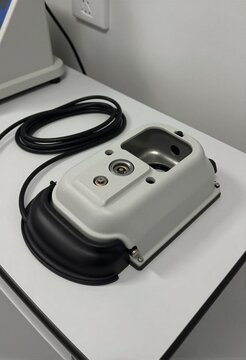 EEG electrode cap resting on a laboratory table with cables coiled neatly beside it, cool clinical lighting