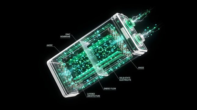 Transparent solid-state battery cutaway with glowing green ions, ionic membrane, anode and electrolyte and electric spark