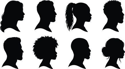 Diverse human head profile silhouettes featuring different hairstyles and facial shapes, inclusive beauty portrait collection for modern design © Sakibul