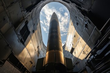Obraz premium View from below of a massive intercontinental ballistic missile in its launch silo, symbolizing military power, nuclear deterrence, and Cold War tension