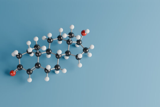 Testosterone molecule, C19H28O2, ball-and-stick molecular model kit on a pastel background with copy space, 3D render