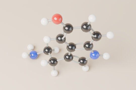 Serotonin molecule, C10H12N2O, ball-and-stick molecular model kit on a studio backdrop, 3D render