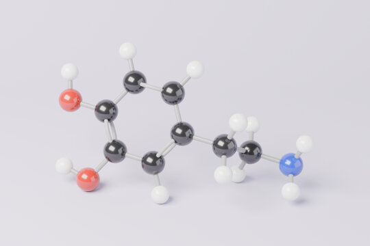Dopamine molecule, C8H11NO2, ball-and-stick molecular model kit on a studio backdrop, 3D render