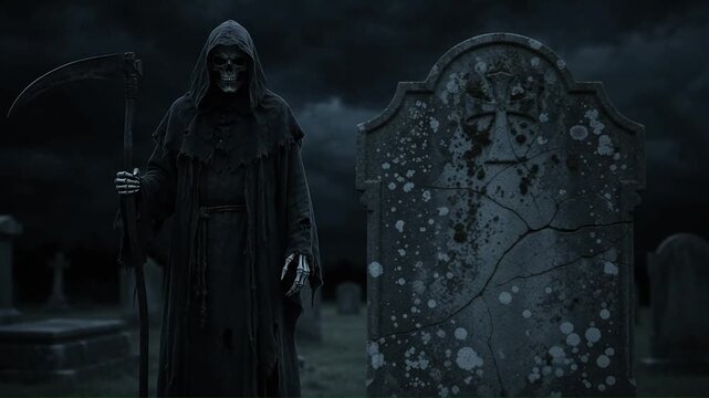 Grim Reaper standing by old gravestone in a dark spooky cemetery at night