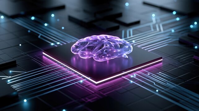 A luminous brain-shaped AI circuit board pulses with digital energy. ..Created with Generative AI, not depicting real subjects.
