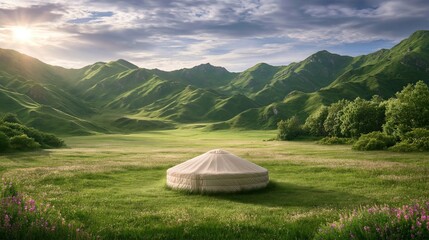 Obraz premium Traditional White Yurt Tent in a Lush Green Mountain Valley