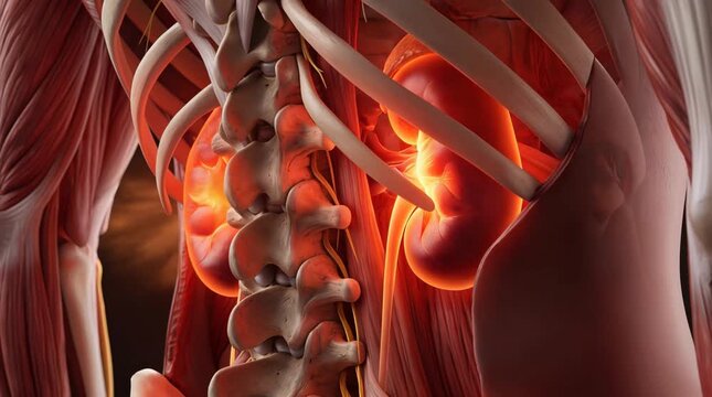 Detailed anatomical illustration of human torso with glowing painful kidneys highlighting internal organ issues