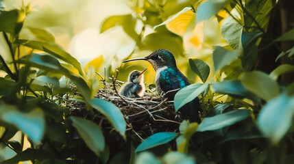 Obraz premium A hummingbird and its chick in a nest surrounded by dense foliage, capturing a moment of natural harmony