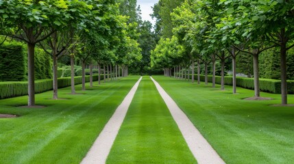 Obraz premium Serene Pathway Through Lush Green Trees in a Well-Maintained Garden Landscape
