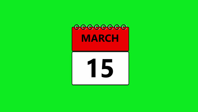 A digital wall calendar showing the date march 15th with a red header and white page isolated on a bright chroma key green background, for easy editing compositing