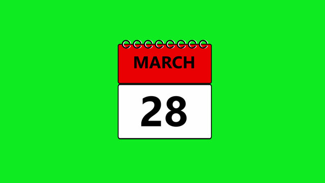 A digital calendar page showing the date of march 28th isolated on a bright green chroma key background, for easy editing, and compositing into, various projects and