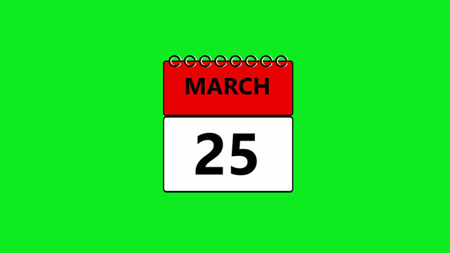 Minimalist wall calendar displaying the date march 25th with a bold red header and white background, isolated on a, vibrant chroma key, green screen background, for editing
