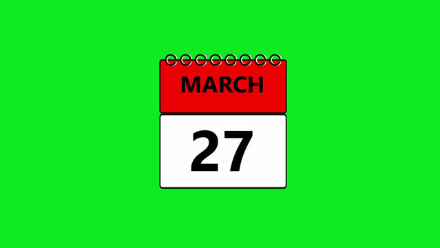 Minimalist wall calendar displaying the date march 27th with a bold red header and white background, isolated on a, vibrant chroma key, green screen background, for editing