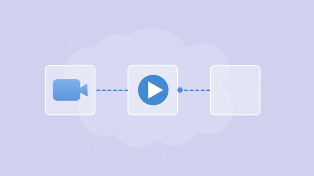 Flat vector animation showing a video camera, playback symbol, and folder connected by a flowing line for digital media and file management.