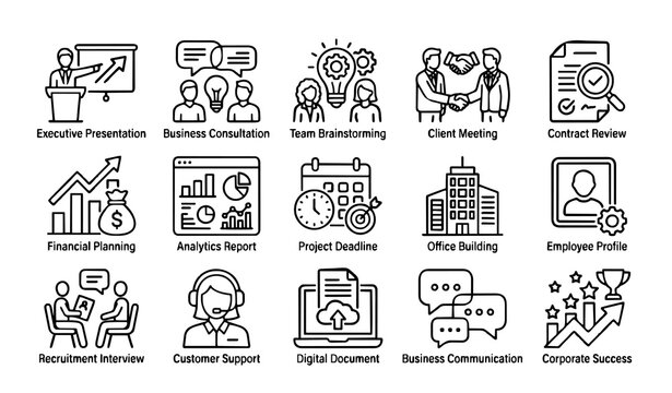 Untitled design - 3 Modern Corporate Office Outline Icons &ndash; Management, Consulting, HR, Analytics, Meetings and Professional Business Vector Set
