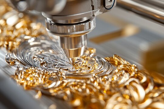 Precision CNC machine meticulously applies gold, creating intricate, swirling patterns on a metallic surface