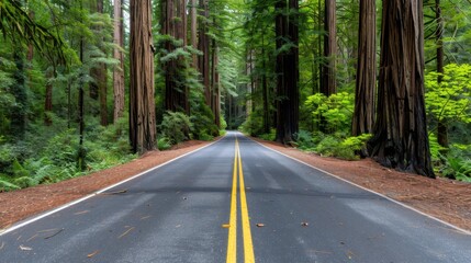 Obraz premium Majestic Scenic Road Through Lush Redwood Forest Under Vibrant Green Canopy in Midday Light