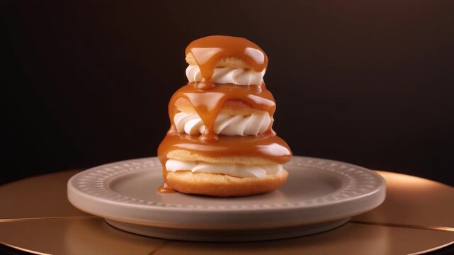 Caramel Cream Puff Tower: A decadent tower of cream-filled profiteroles, generously drizzled with rich caramel sauce, presented on a delicate plate, a sweet indulgence for any occasion.