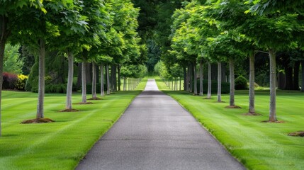 Obraz premium Serene Tree-Lined Pathway Inviting Tranquility in Lush Green Landscape with Freshly Cut Grass and Natural Beauty