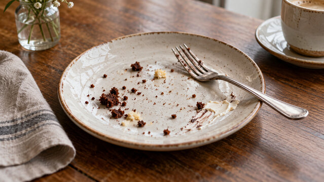 Cake Crumbs and a Used Fork on a Dessert Plate