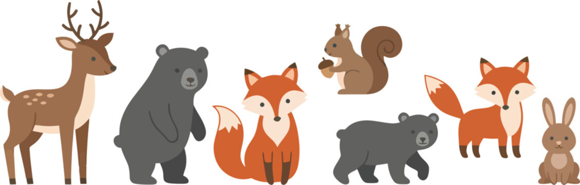 A collection of cute woodland animals including a deer bear fox squirrel and rabbit.