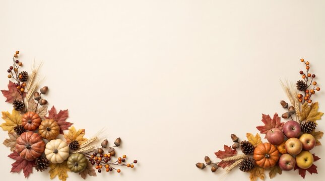 Elegant autumn flat lay corner design with pumpkins, apples, and fall leaves on light beige background
