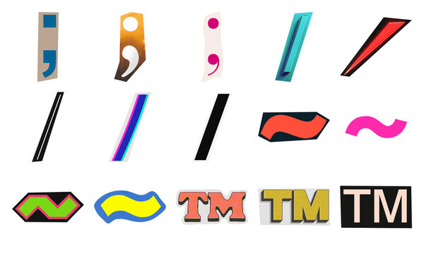 Set of colorful punctuation marks and trade mark symbols in various modern graphic styles for typography and web design isolated on transparent background