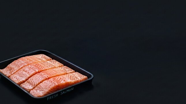 Fresh raw salmon fillets arranged neatly inside a dark plastic tray against a clean minimalist black background highlighting vibrant orange textures and culinary ingredients
