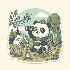 Cute Panda Bear Camping and Birdwatching in Forest © moh