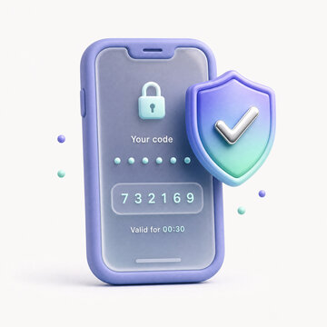 3D render of a purple smartphone displaying a secure login screen with a padlock and a green checkmark shield, symbolizing two-factor authentication and data protection
