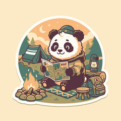 Cute Panda Reading Map Camping Adventure © moh