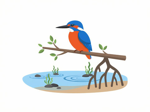 A vibrant kingfisher bird perched on a branch above a serene water scene.