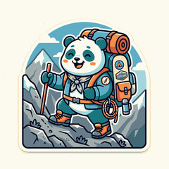 Happy Panda Hiker Climbing Mountain Peak © moh