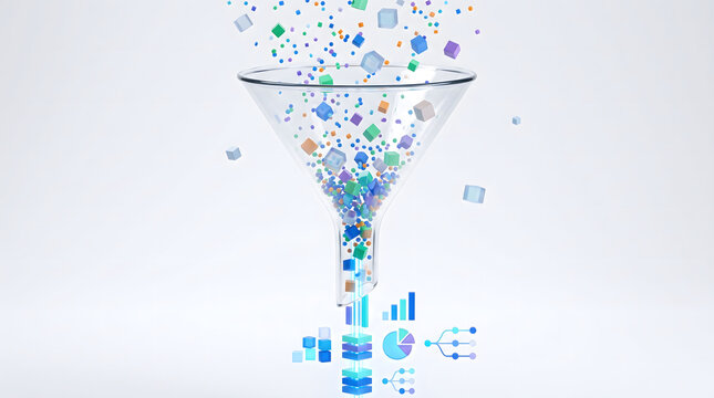 Glass funnel turning chaotic raw data into organized charts, data processing and cleaning concept