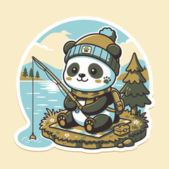 Fototapeta premium Cute Panda Fishing in a Winter Hat and Scarf