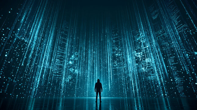 Silhouette of person facing massive glowing wall of data streams, scale of big data concept