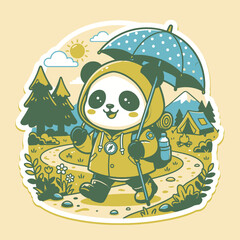 Cute Panda Bear Hiking in Rain with Umbrella © moh