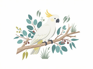Fototapeta premium A detailed illustration of a white cockatoo perched on a branch with eucalyptus leaves.