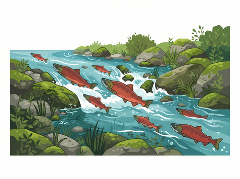 A group of salmon swimming upstream in a river.
