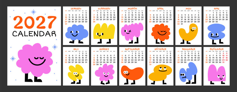 Funny 2027 calendar with cute characters. Yearly planner calendar with all months and week start on Sunday