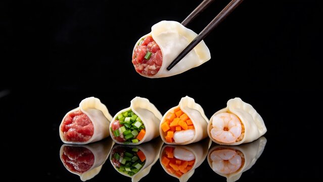 Open Dumplings with Raw Meat, Shrimp, and Vegetable Fillings on Black Background