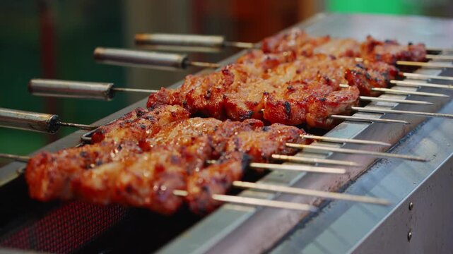 Rows of barbecued pork roasted slowly over charcoal fire on the grill at the night market