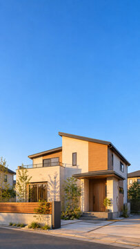 雲のない青空と夕暮れの光に包まれた日本のモダンな二階建て住宅外観