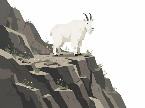 A majestic white mountain goat standing on a rocky cliff edge.