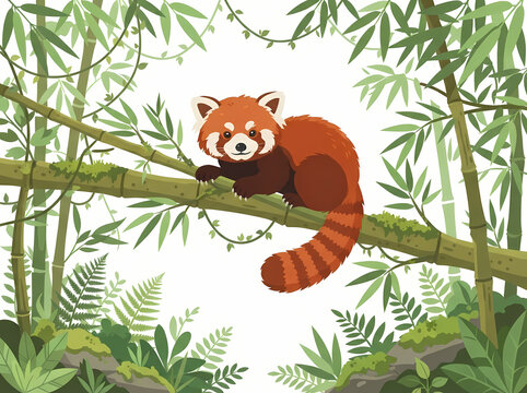 A cute red panda resting on a bamboo branch in a lush forest.