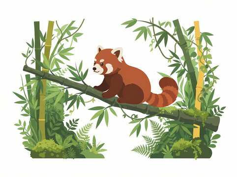 A cute red panda resting on a tree branch in a lush forest.