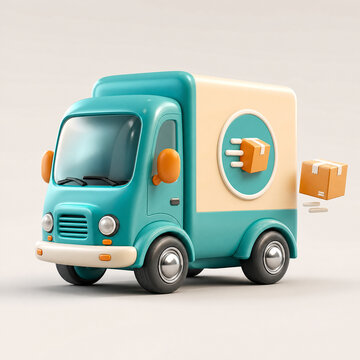 Charming 3D delivery truck illustration, a cute teal and cream cargo van for fast shipping and logistics, express parcel service, and e-commerce transportation.