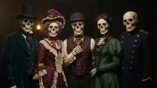 Group of vintage skeletons posing in formal nineteenth century attire
