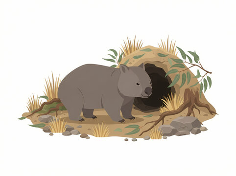 A cute grey wombat standing near its burrow entrance in the Australian wilderness.